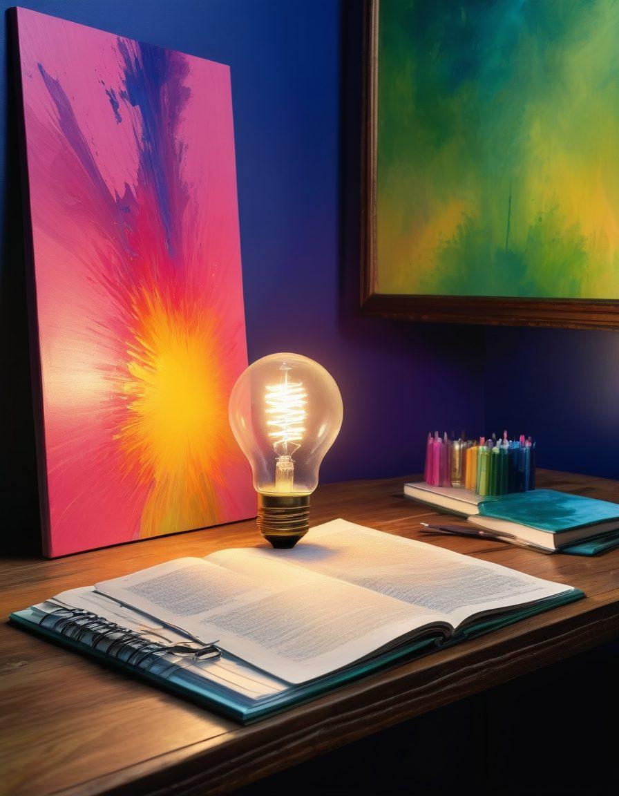 A glowing light bulb surrounded by colorful splashes of paint, representing vibrant ideas and creativity. Include a serene desk with a journal and pen, reflecting personal reflections carved into the wood. Soft, warm lighting to evoke inspiration, with subtle abstract patterns in the background. painting. vibrant colors. dreamy atmosphere.