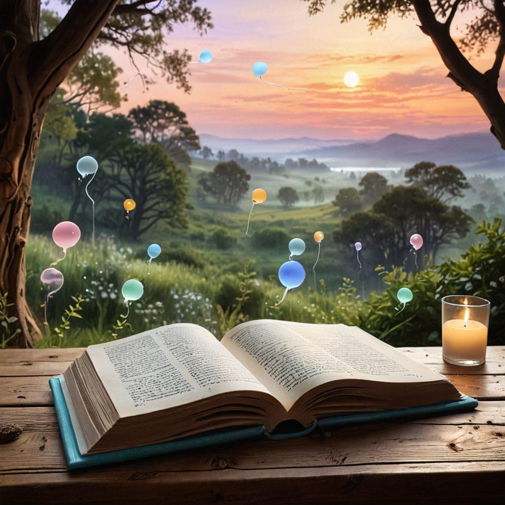 A serene, open book lying on a wooden table, surrounded by floating, luminous story elements like characters, speech bubbles, and vibrant landscapes, symbolizing transformation. A gentle light illuminates the pages, creating a warm atmosphere. In the background, there are soft pastel colors blending into a dream-like setting. ethereal, illustrative style. vibrant colors.