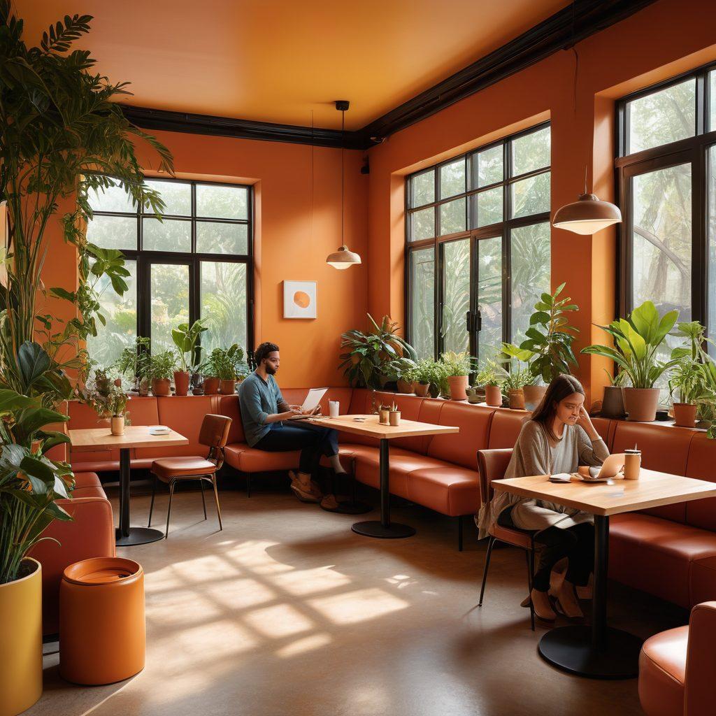 A cozy digital cafe scene filled with diverse individuals engaged in deep conversations, each reflecting their unique stories on translucent screens. Warm, inviting lighting casts gentle shadows, creating an atmosphere of connection and authenticity. Include elements like coffee cups, journals, and plants for a homely feel. Express a sense of community and vibrancy through the characters' facial expressions and body language. painterly, vibrant colors, warm tones.